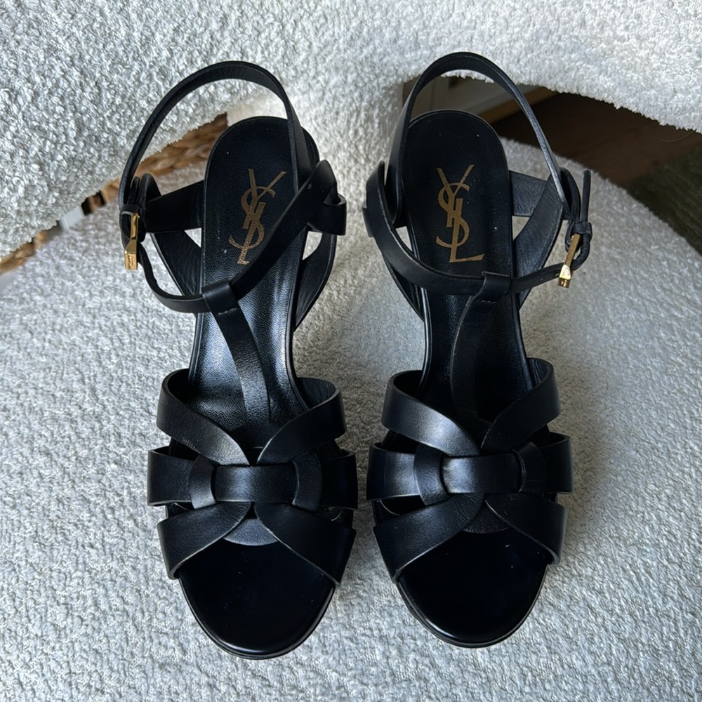 YSL Tribute Black Leather 105mm Platform Heels